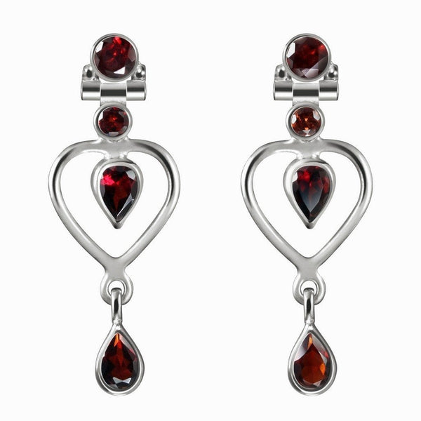 Sterling Silver and Heart Shaped Red Garnet Drop Earrings - Franki Baker Jewellery