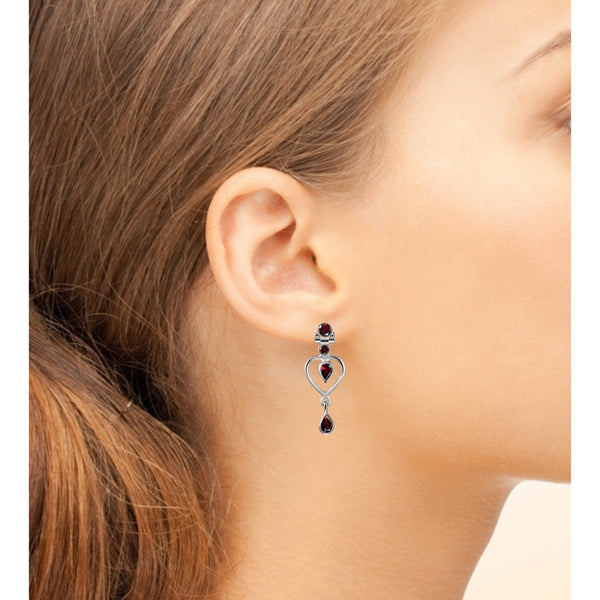 Sterling Silver and Heart Shaped Red Garnet Drop Earrings - Franki Baker Jewellery