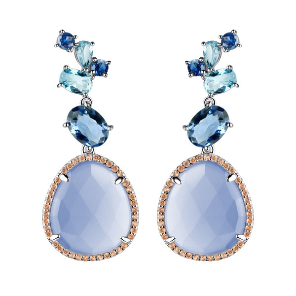 Sterling Silver Aquamarine, Sapphire & Aqua Chalcedony Nano Gem Drop Earrings. Length: 4cm