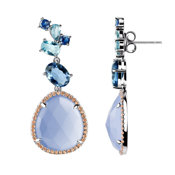 Sterling Silver Aquamarine, Sapphire & Aqua Chalcedony Nano Gem Drop Earrings. Length: 4cm