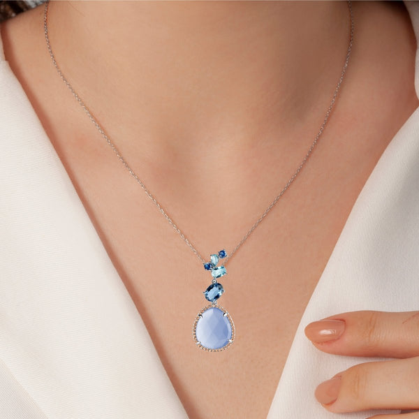 Sterling Silver Blue Topaz, Sapphire & Aqua Chalcedony Nano Gem Pendant Necklace. Length: 40cm + 5cm extension