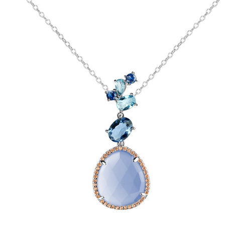 Sterling Silver Blue Topaz, Sapphire & Aqua Chalcedony Nano Gem Pendant Necklace. Length: 40cm + 5cm extension