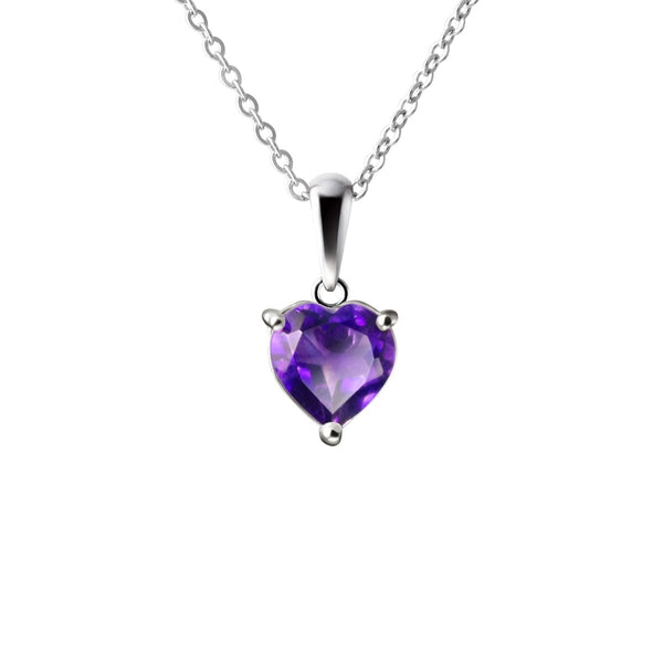 Sterling Silver & Heart Shape Natural Amethyst Pendant Necklace