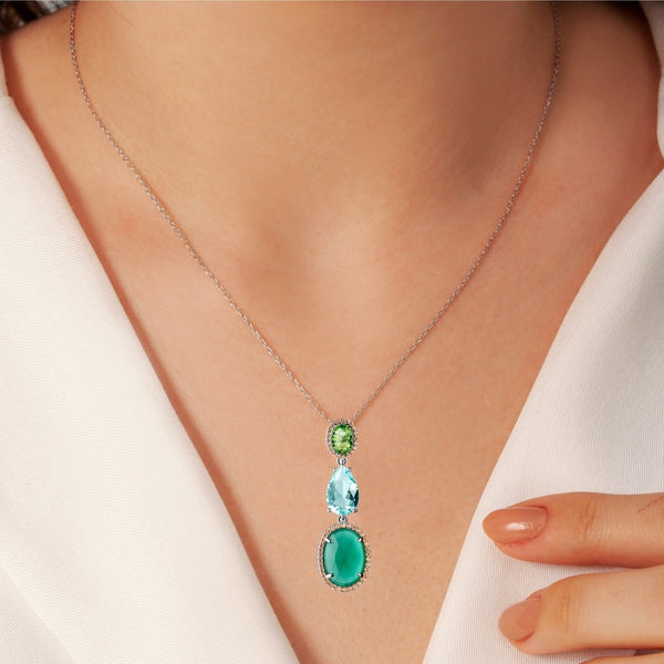 Sterling Silver Jade, Aquamarine, Peridot Nano Gem Earring & Pendant Necklace Set