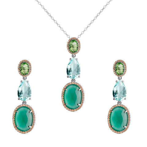 Sterling Silver Jade, Aquamarine, Peridot Nano Gem Earring & Pendant Necklace Set