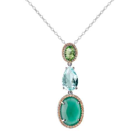 Sterling Silver Jade, Green Amethyst & Aquamarine Nano Gem Pendant Necklace. Length 45+5 cm