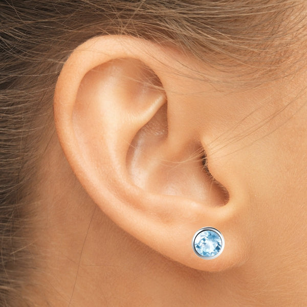 Sterling Silver & Sky Blue Natural Round Topaz Gemstone Stud Earrings. Size: 8mm.