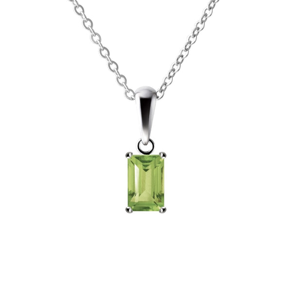 Sterling Silver Small & Dainty Baguette Cut Natural Peridot Gemstone Pendant Necklace Length: 50cm. Pendant Length with bale: 1.3cm