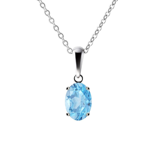 Sterling Silver Small & Dainty Oval Natural Swiss Blue Topaz Gemstone Pendant Necklace