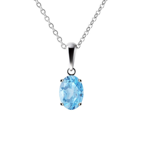 Sterling Silver Small & Dainty Oval Natural Swiss Blue Topaz Gemstone Pendant Necklace