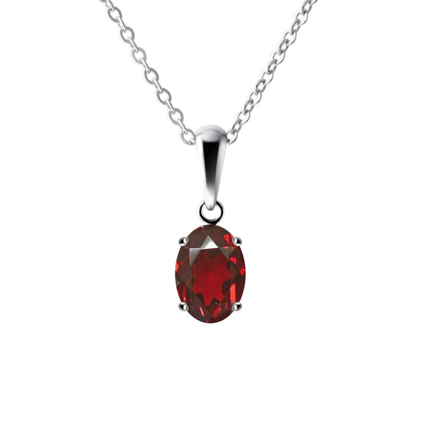 Sterling Silver Small & Dainty Oval Shape Natural Red Garnet Pendant Necklace. Length: 50cm