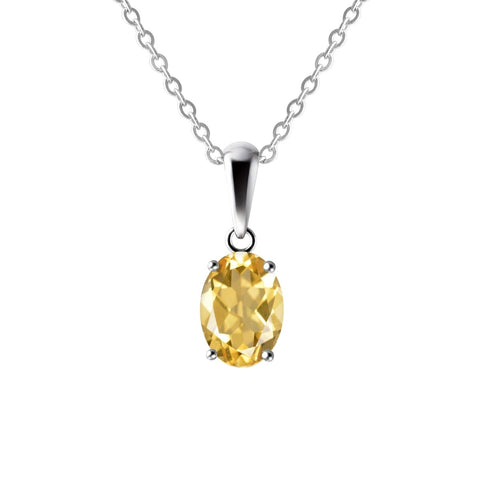 Sterling Silver Small & Dainty Oval Shaped Natural Citrine Gemstone Pendant Necklace. Chain Length: 50cm. Pendant Length: 1.4cm