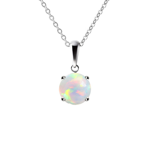 Sterling Silver Small & Dainty Round Natural Opal Gemstone Pendant Necklace 