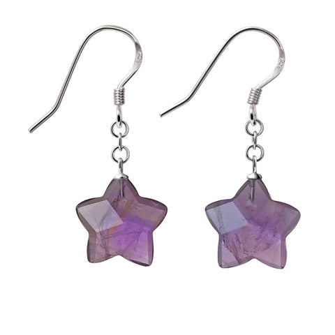 Sterling Silver Star Amethyst Gemstone Drop Earrings Length: 3.5cm