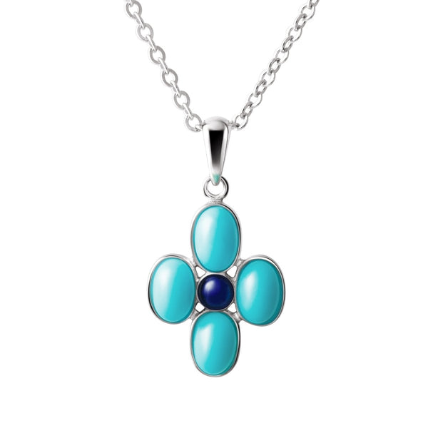 Sterling Silver Turquoise & Lapis Lazuli Oval Cross Pendant Necklace - Franki Baker Jewellery