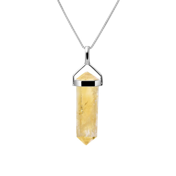 Sunny Yellow Citrine Gemstone Double Point Pendant Necklace on Sterling Silver Chain