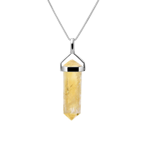 Sunny Yellow Citrine Gemstone Double Point Pendant Necklace on Sterling Silver Chain