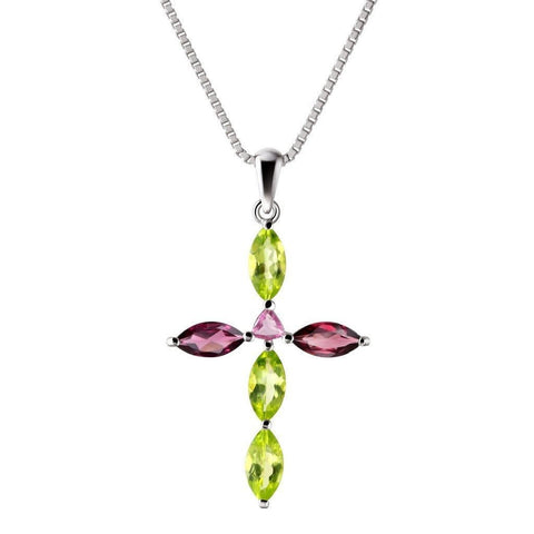 Tourmaline, Garnet and Peridot Gemstone Cross Pendant Necklace on 925 Sterling Silver - Franki Baker Jewellery