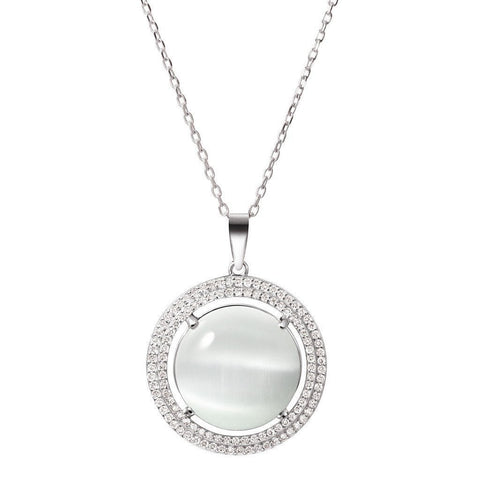 White Cat's Eye and Crystal Sterling Silver Pendant & Chain Necklace - Franki Baker Jewellery
