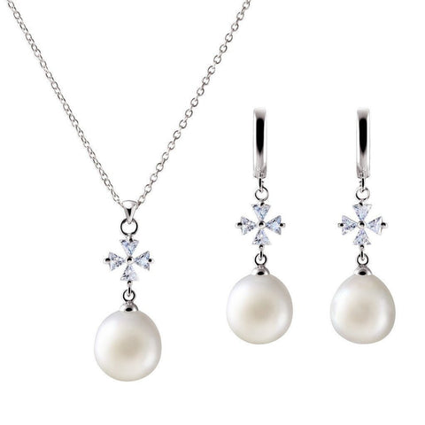 White Pearl and Simulated Diamond Cross Earrings and Pendant Set in Sterling Silver - Franki Baker Jewellery