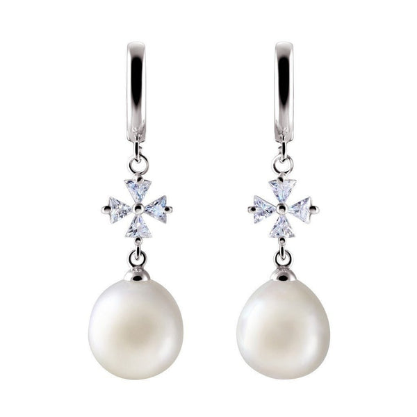 White Pearl and Simulated Diamond Cross Earrings and Pendant Set in Sterling Silver - Franki Baker Jewellery
