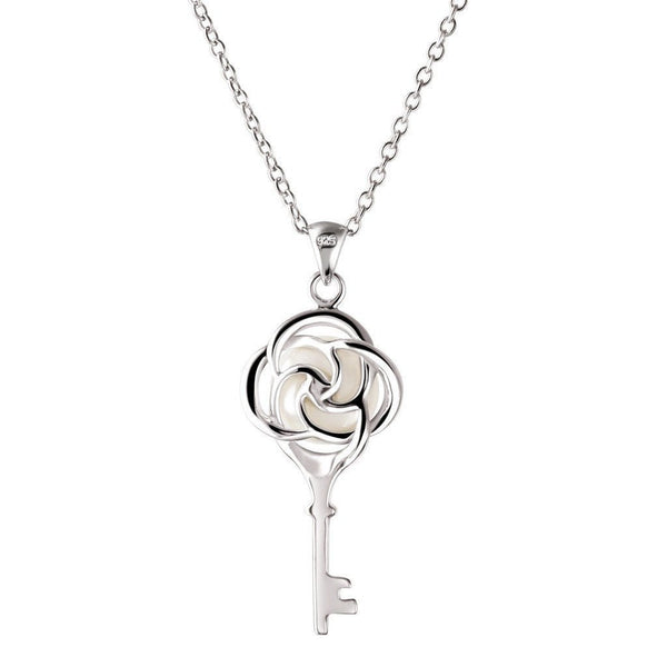 White Pearl and Simulated Diamond Key Pendant Necklace on Sterling Silver - Franki Baker Jewellery
