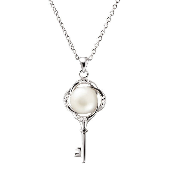 White Pearl and Simulated Diamond Key Pendant Necklace on Sterling Silver - Franki Baker Jewellery
