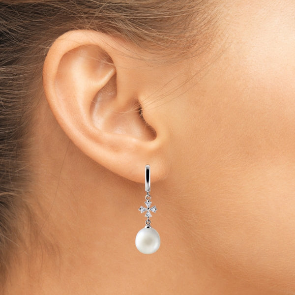 White Pearl and Simulated Diamond Maltese Cross Earrings set in Sterling Silver