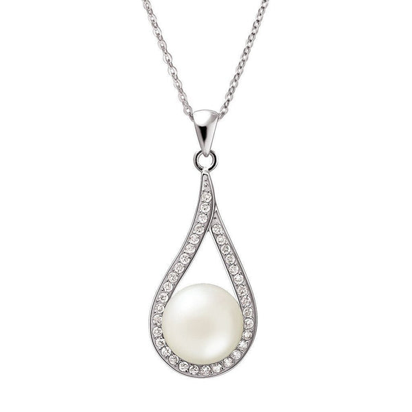 White Pearl Cradled in Pretty CZ and Silver Pendant Necklace - Franki Baker Jewellery