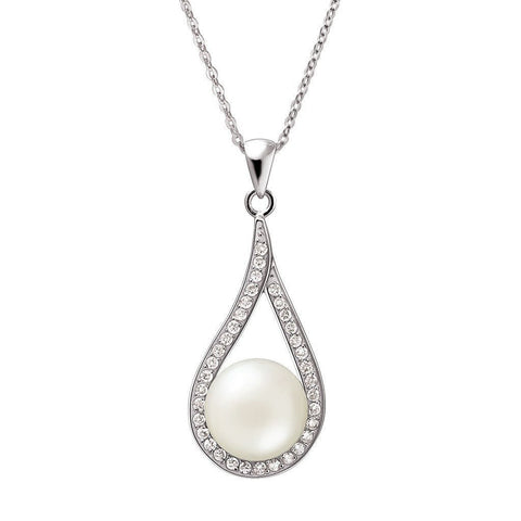 White Pearl Cradled in Pretty CZ and Silver Pendant Necklace - Franki Baker Jewellery