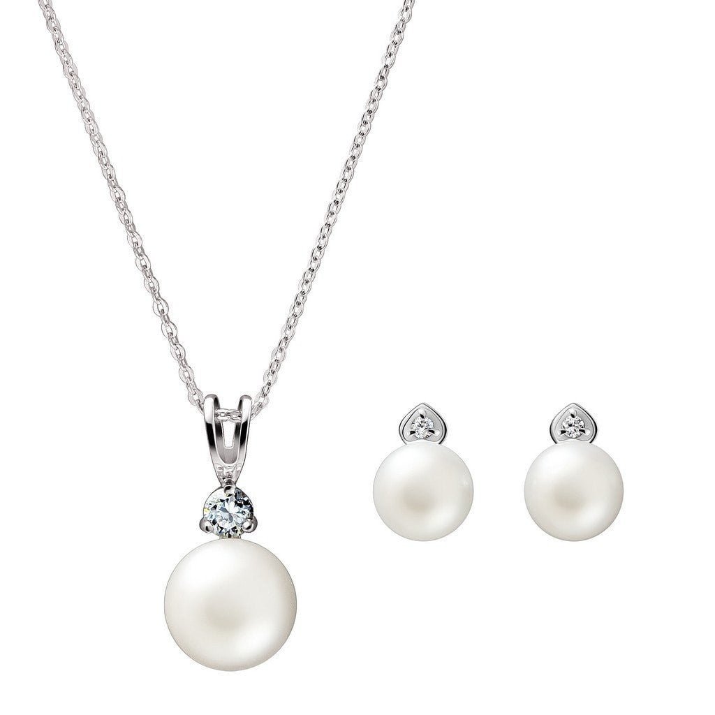 White Pearl, Cubic Zirconia and Silver Pendant Necklace and